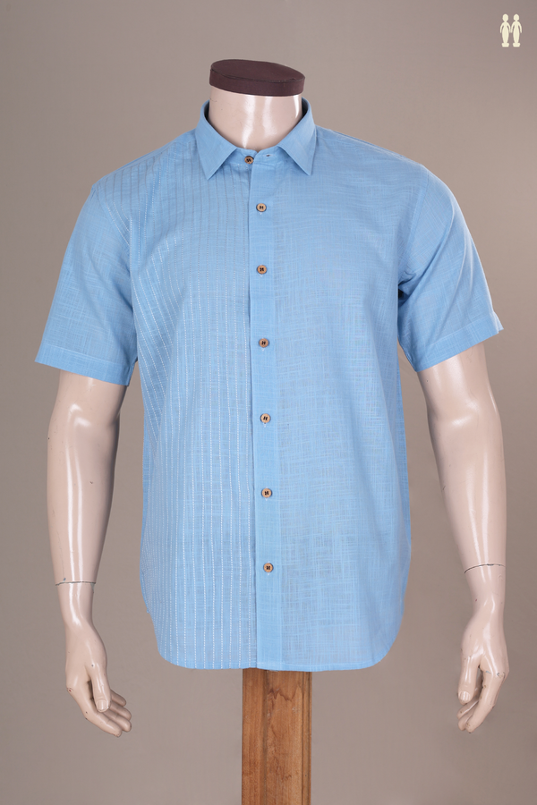 Regular Collar Stripes Design Sky Blue Cotton Shirt
