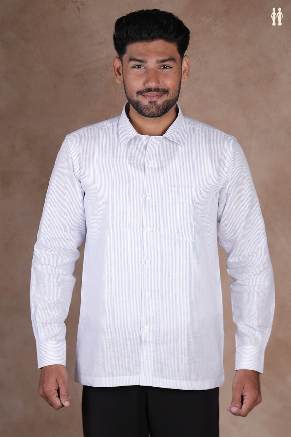 Regular Collar Stripes Design White Linen Shirt