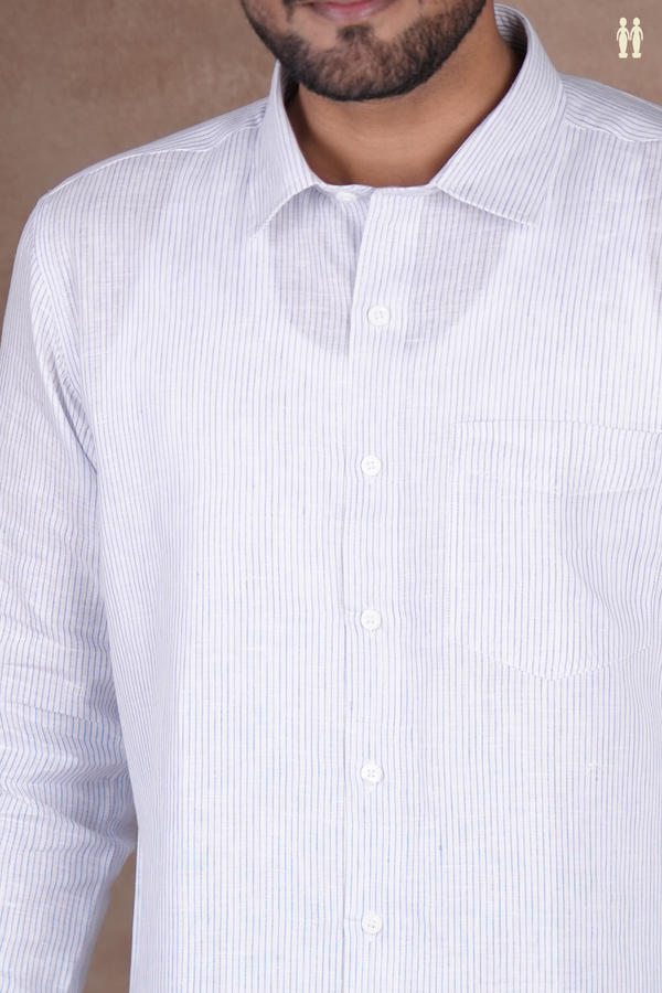 Regular Collar Stripes Design White Linen Shirt