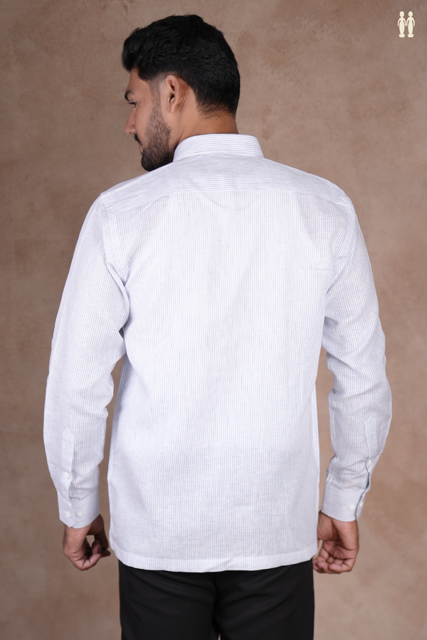 Regular Collar Stripes Design White Linen Shirt