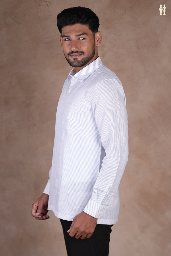 Regular Collar Stripes Design White Linen Shirt