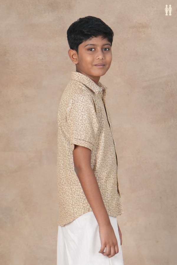 Regular Collar Tamil Letters Print Cream Color Cotton Shirt