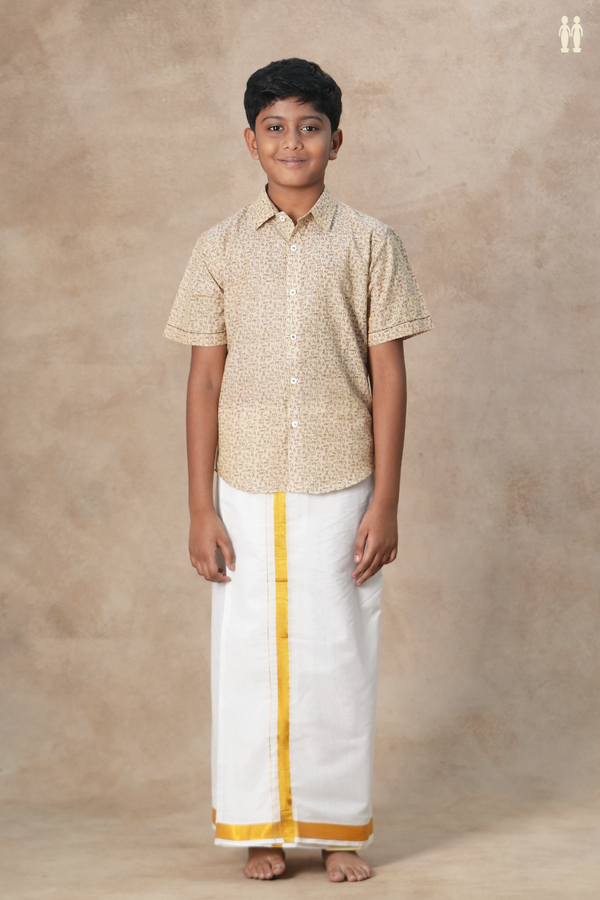 Regular Collar Tamil Letters Print Cream Color Cotton Shirt