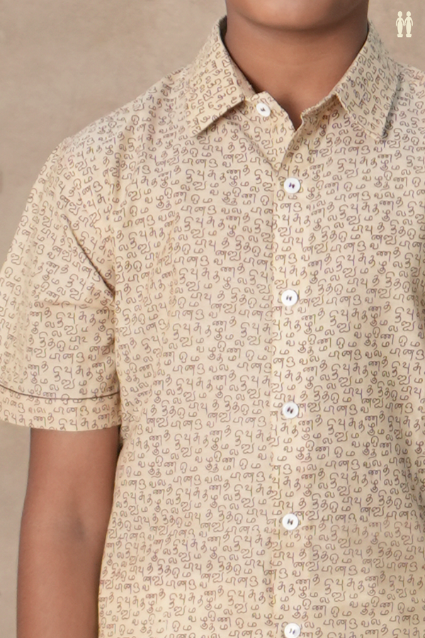 Regular Collar Tamil Letters Print Cream Color Cotton Shirt