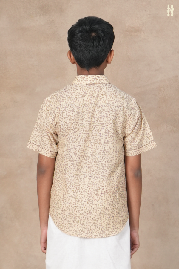 Regular Collar Tamil Letters Print Cream Color Cotton Shirt