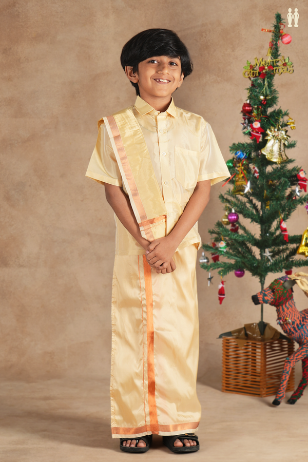 Regular Collar Tan Brown Silk Shirt With Velcro Dhoti Set