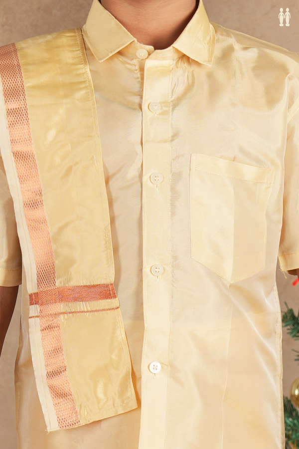 Regular Collar Tan Brown Silk Shirt With Velcro Dhoti Set
