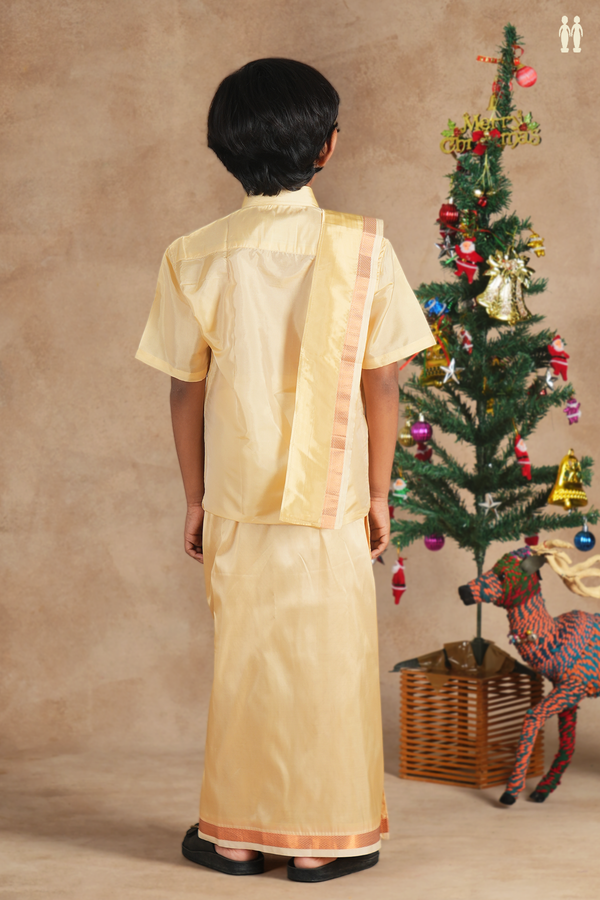 Regular Collar Tan Brown Silk Shirt With Velcro Dhoti Set