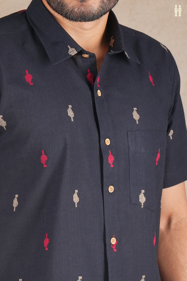 Regular Collar Threadwork Buttas Black Cotton Shirt