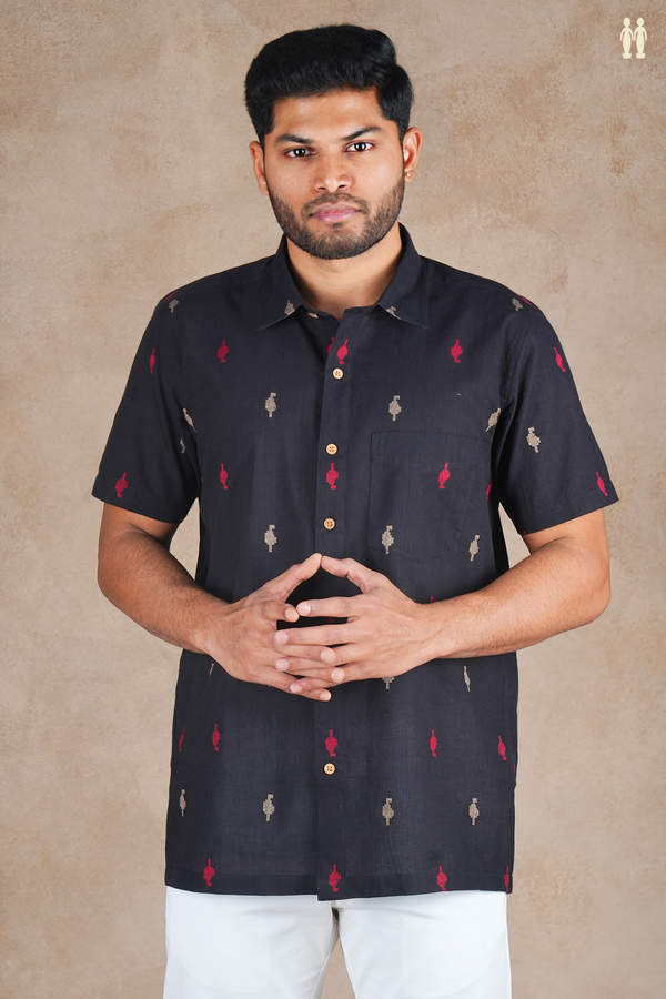 Regular Collar Threadwork Buttas Black Cotton Shirt