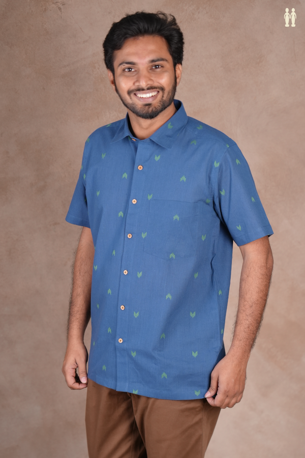 Regular Collar Threadwork Buttas Blue Cotton Shirt