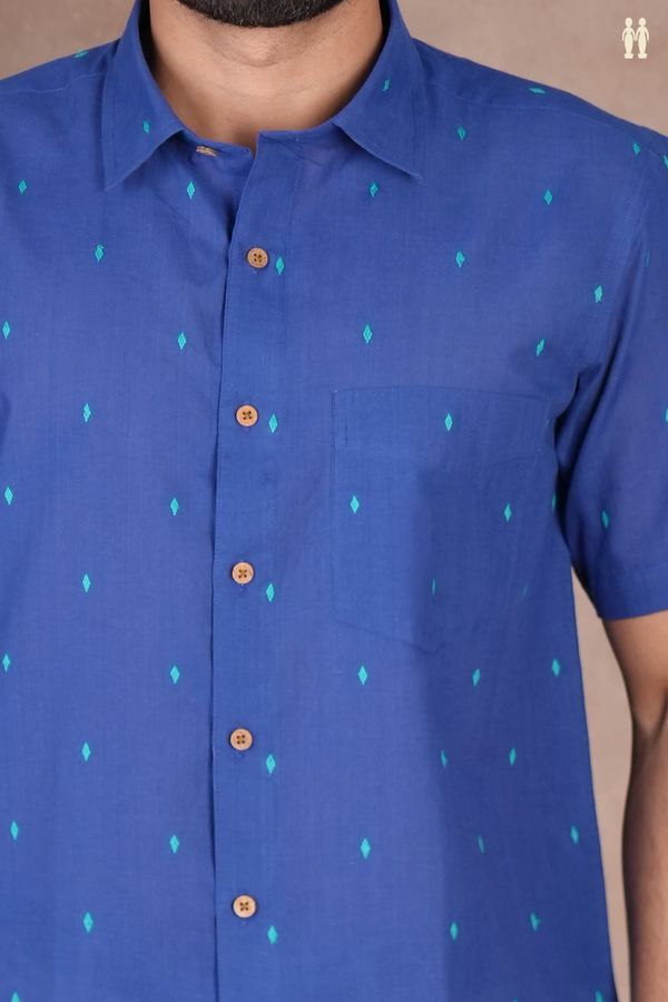 Regular Collar Threadwork Buttas Blue Cotton Shirt