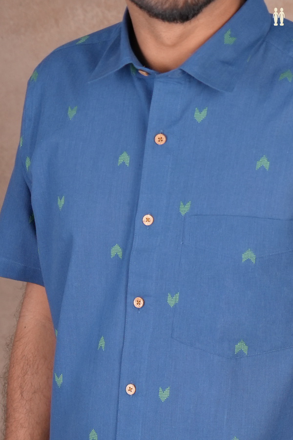 Regular Collar Threadwork Buttas Blue Cotton Shirt