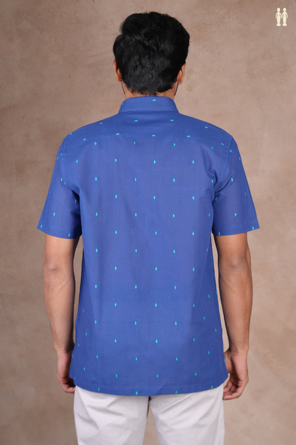 Regular Collar Threadwork Buttas Blue Cotton Shirt