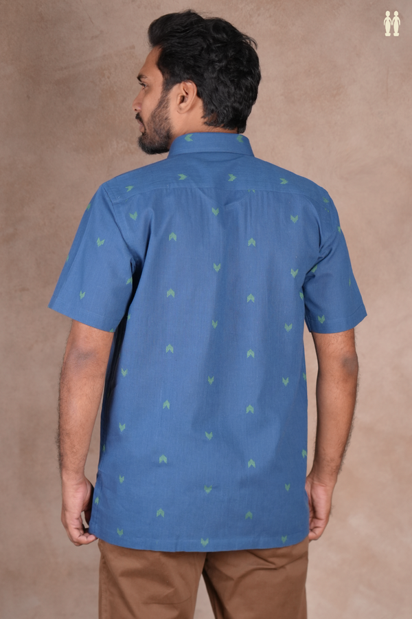 Regular Collar Threadwork Buttas Blue Cotton Shirt