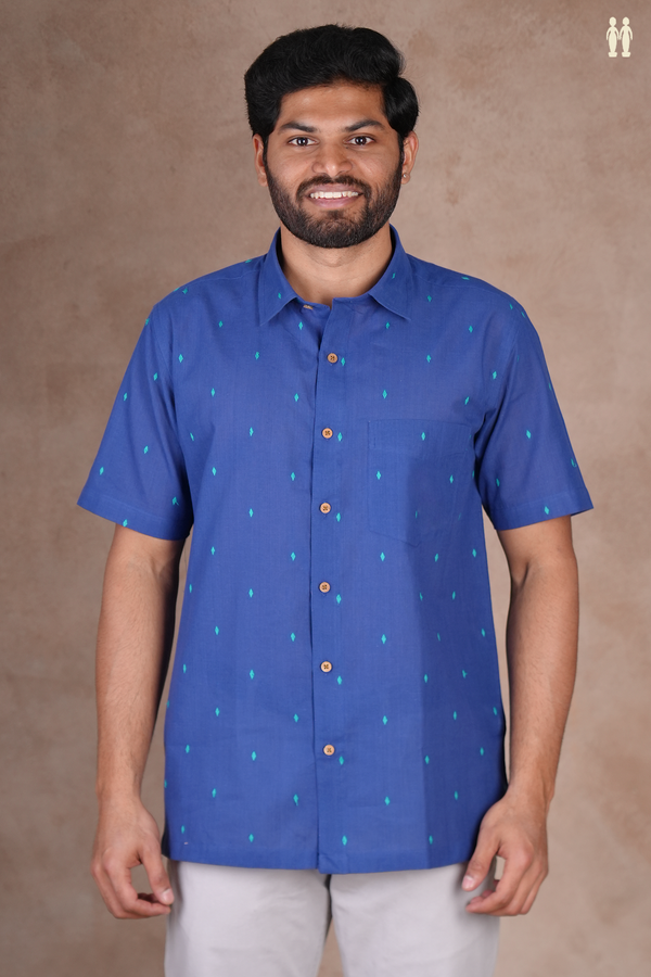 Regular Collar Threadwork Buttas Blue Cotton Shirt