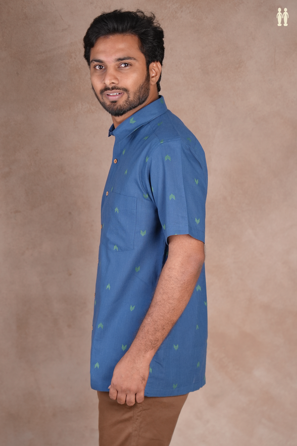 Regular Collar Threadwork Buttas Blue Cotton Shirt