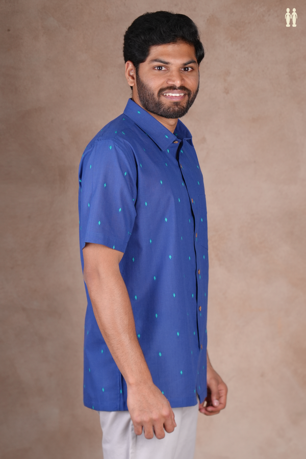 Regular Collar Threadwork Buttas Blue Cotton Shirt