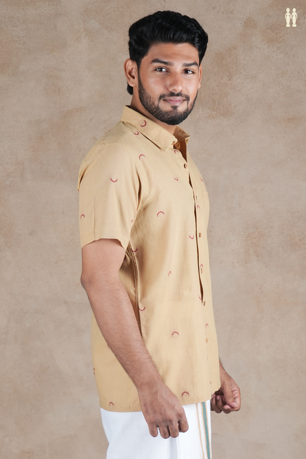 Regular Collar Threadwork Buttas Brown Cotton Shirt