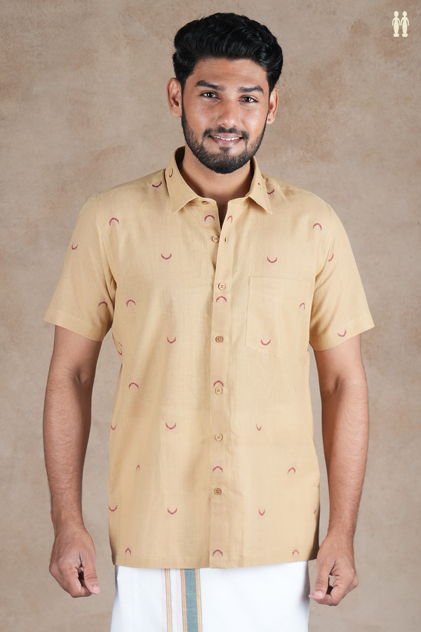 Regular Collar Threadwork Buttas Brown Cotton Shirt