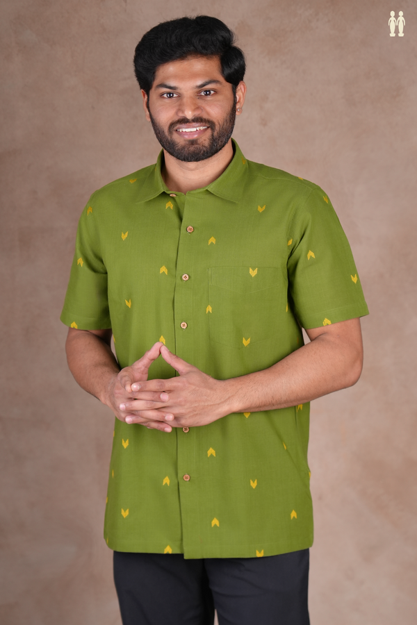 Regular Collar Threadwork Buttas Fern Green Cotton Shirt