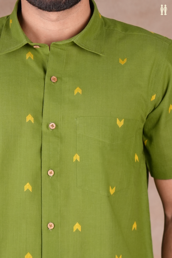 Regular Collar Threadwork Buttas Fern Green Cotton Shirt