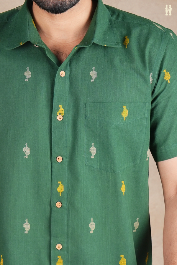 Regular Collar Threadwork Buttas Green Cotton Shirt