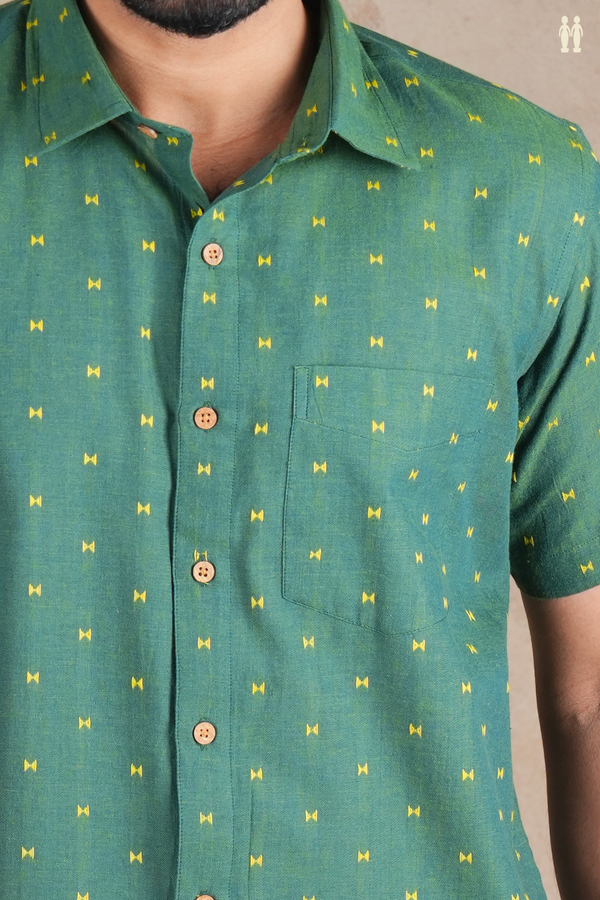 Regular Collar Threadwork Buttas Green Cotton Shirt