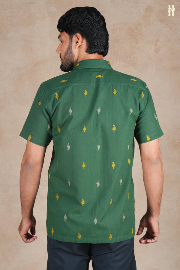 Regular Collar Threadwork Buttas Green Cotton Shirt
