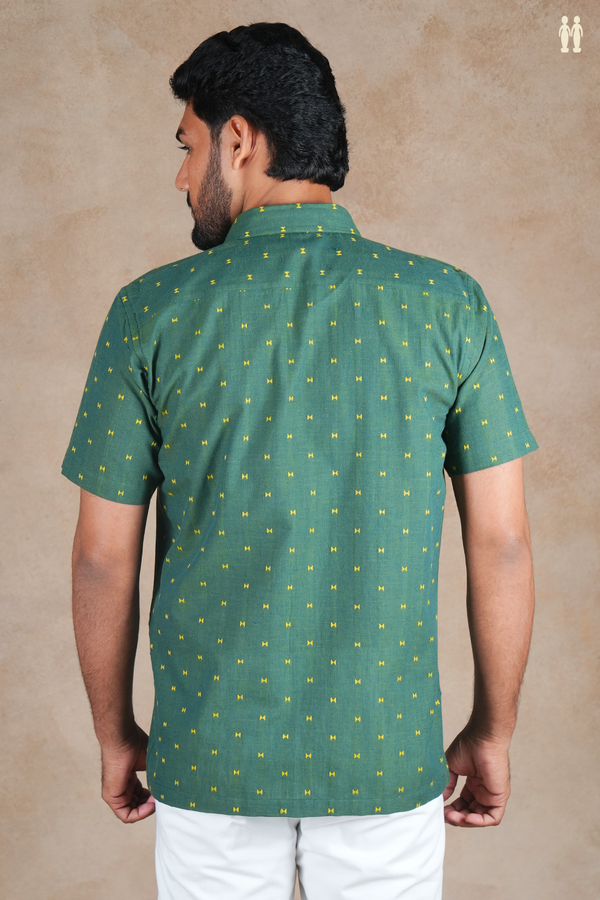 Regular Collar Threadwork Buttas Green Cotton Shirt