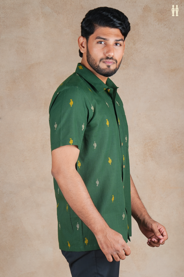 Regular Collar Threadwork Buttas Green Cotton Shirt