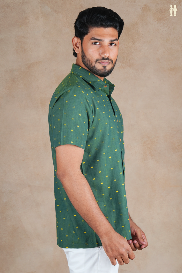 Regular Collar Threadwork Buttas Green Cotton Shirt