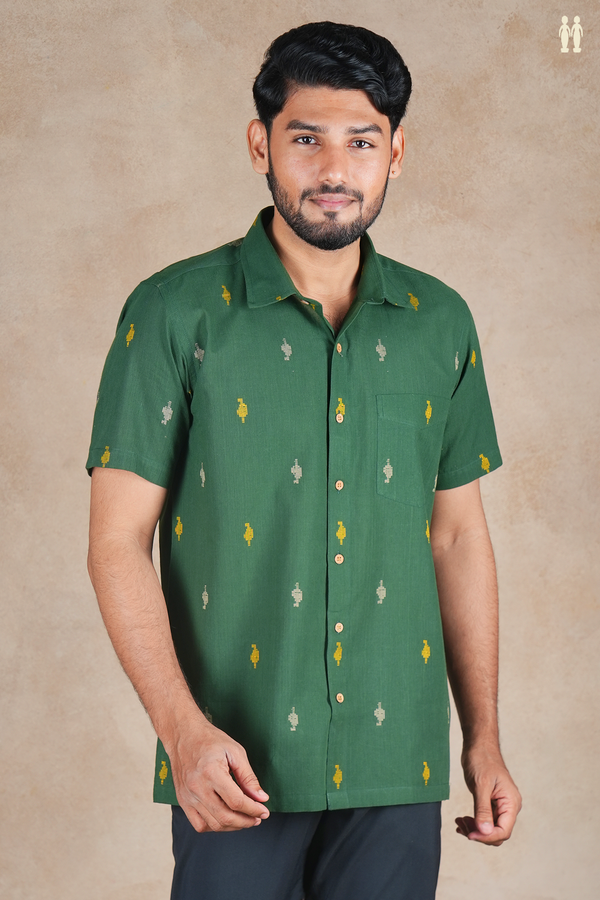 Regular Collar Threadwork Buttas Green Cotton Shirt