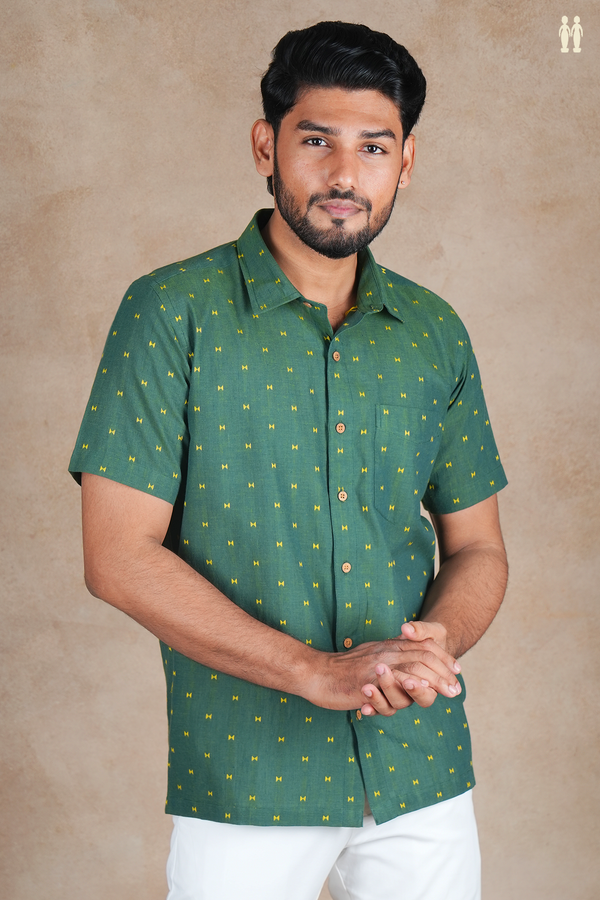 Regular Collar Threadwork Buttas Green Cotton Shirt