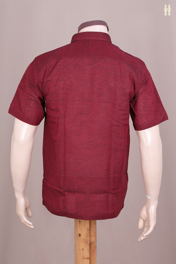 Regular Collar Threadwork Buttis Burgundy Red Cotton Shirt