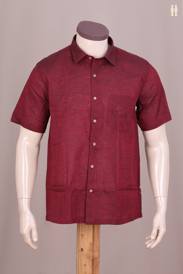 Regular Collar Threadwork Buttis Burgundy Red Cotton Shirt