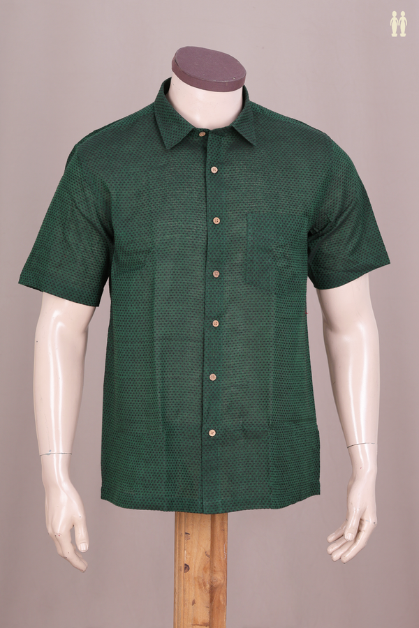 Regular Collar Threadwork Buttis Dark Green Dobby Cotton Shirt