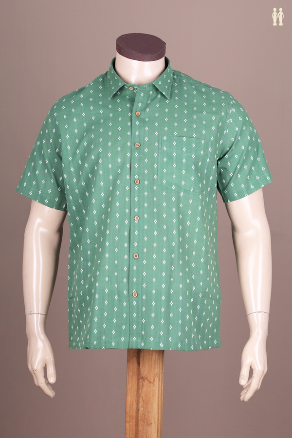 Regular Collar Threadwork Buttis Fern Green Cotton Shirt