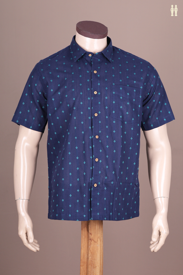 Regular Collar Threadwork Buttis Navy Blue Cotton Shirt