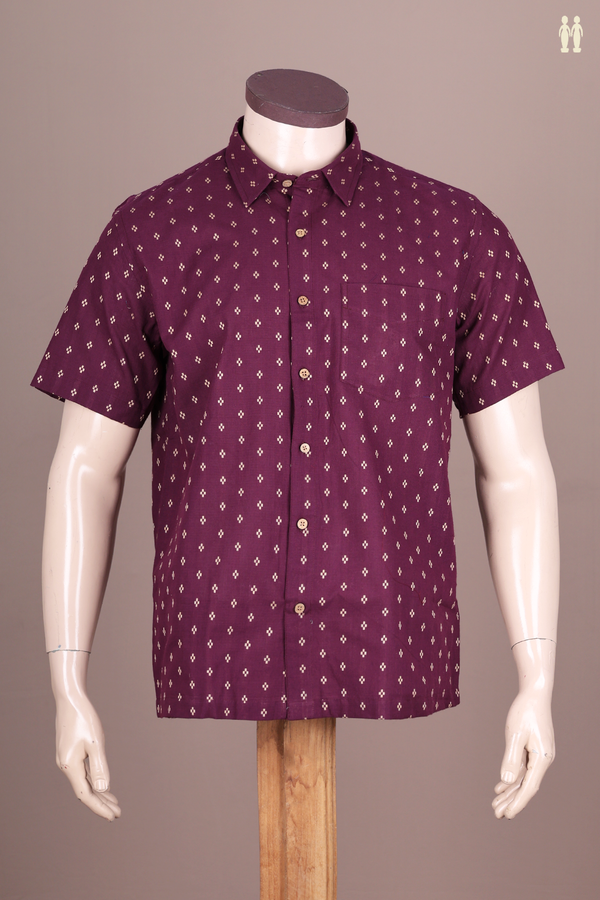 Regular Collar Threadwork Buttis Plum Purple Cotton Shirt