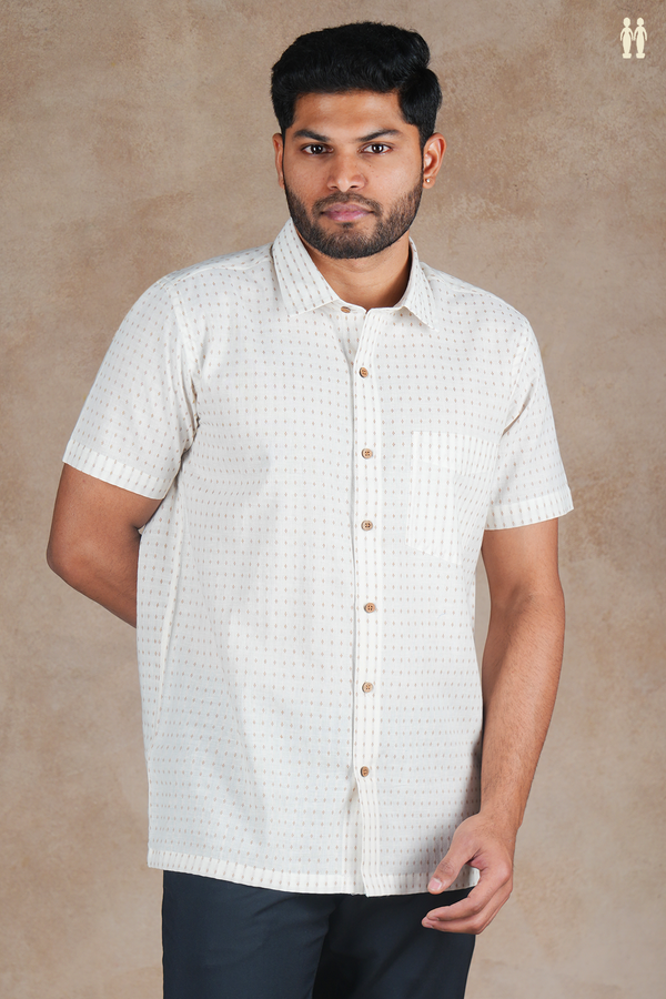 Regular Collar Threadwork Buttis White Dobby Cotton Shirt