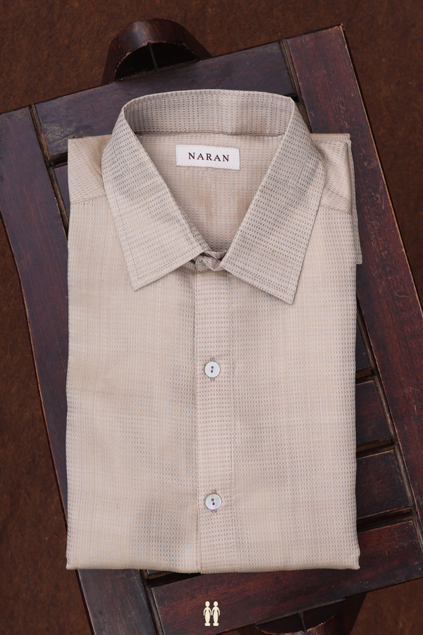 Regular Collar Threadwork Design Khaki Silk Shirt