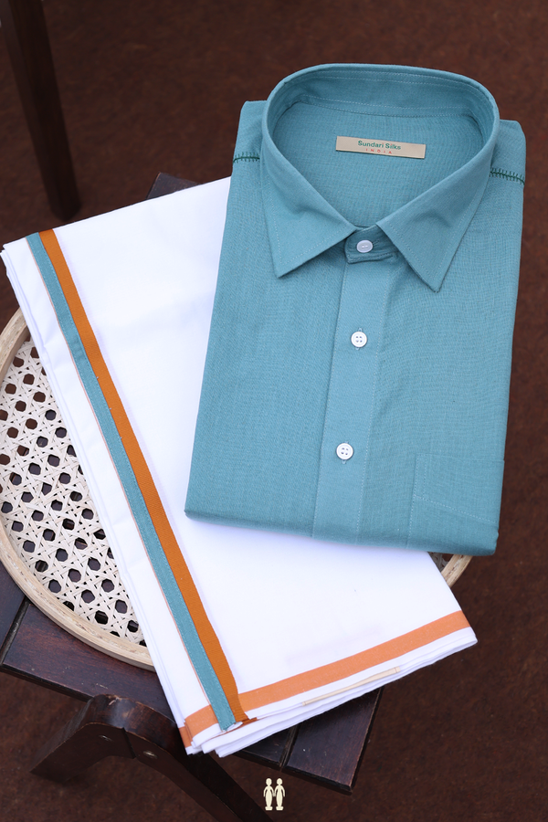 Regular Collar Turkish Blue Cotton Shirt With Dhoti Set