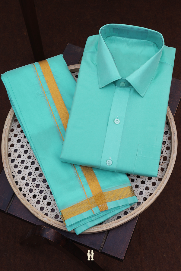 Regular Collar Turquoise Blue Art Silk Shirt With Dhoti Set