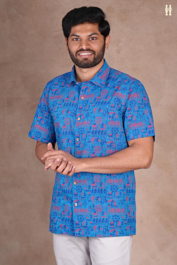 Regular Collar Warli Design Blue Cotton Shirt