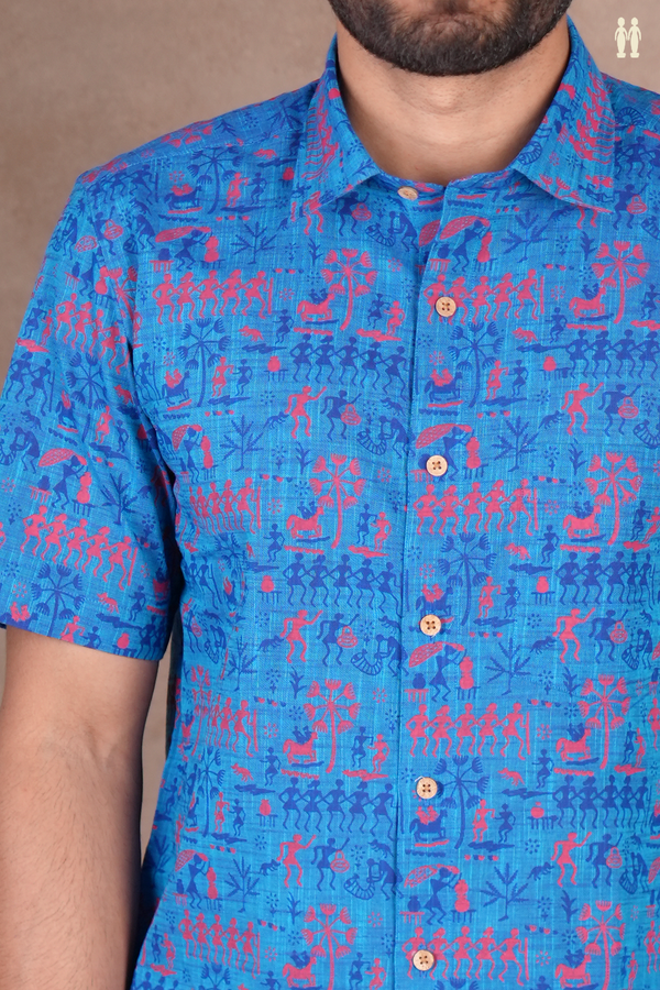 Regular Collar Warli Design Blue Cotton Shirt