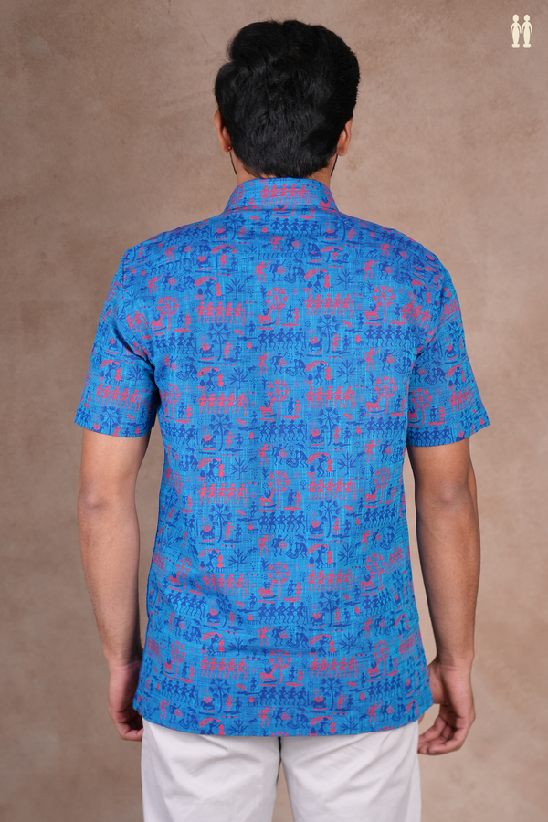 Regular Collar Warli Design Blue Cotton Shirt