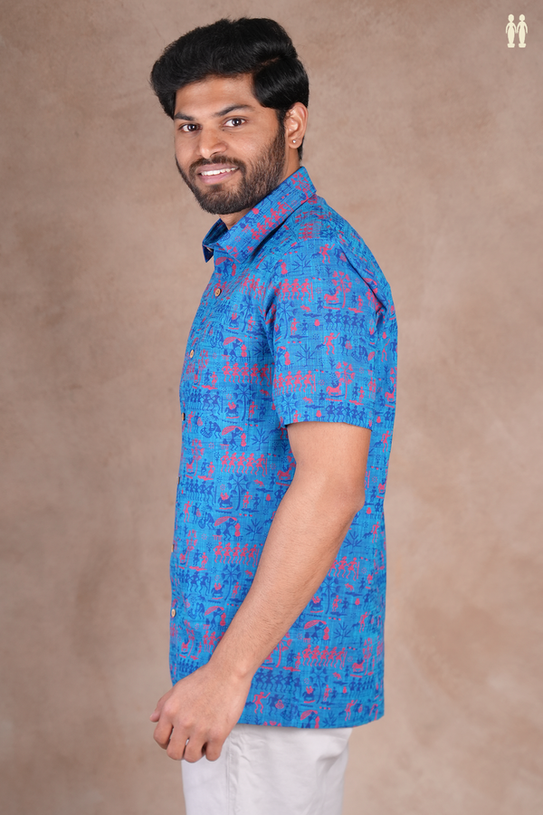 Regular Collar Warli Design Blue Cotton Shirt