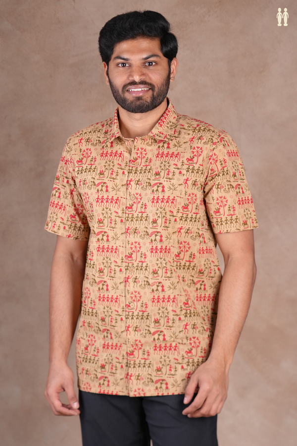 Regular Collar Warli Design Brown Cotton Shirt