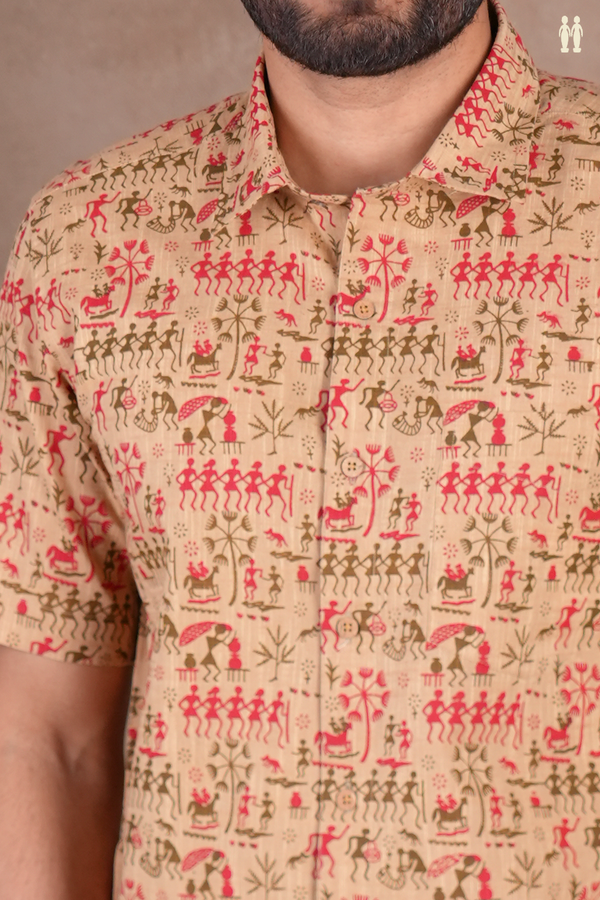 Regular Collar Warli Design Brown Cotton Shirt